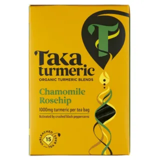 Taka Turmeric Chamomile Rosehip tea box, 15 unbleached tea bags, 1000mg turmeric per bag.