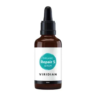 Brown bottle of Viridian Organic Repair 5 Serum, 50ml, with dropper lid.