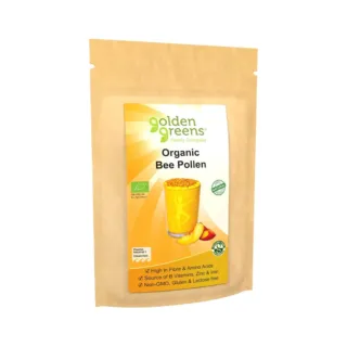 Golden Greens Organic Bee Pollen, high in fibre, vitamins, non-GMO, gluten and lactose free.