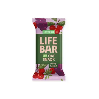 Lifefood Life Bar, bio oat snack, berry fusion flavour, with berry illustrations on packaging.