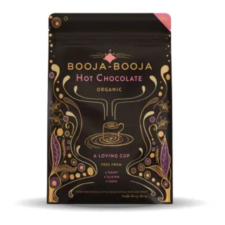 Booja-Booja organic hot chocolate, free from dairy, gluten, soya. Black and gold packaging.