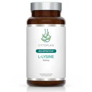 Cytoplan L-Lysine 500mg, 60 vegan capsules, brown bottle with silver lid.