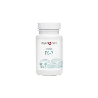 MycoNutri Organic PS-7 supplement bottle with mushroom illustrations.