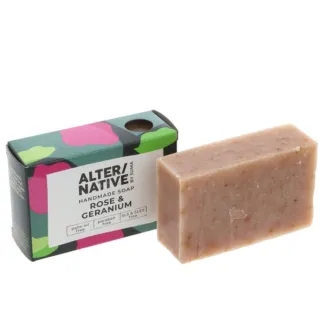 Handmade rose and geranium soap with colourful box, palm oil and paraben free.