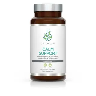 Brown bottle of Cytoplan Calm Support, 60 vegan capsules, with magnesium and lemon balm.