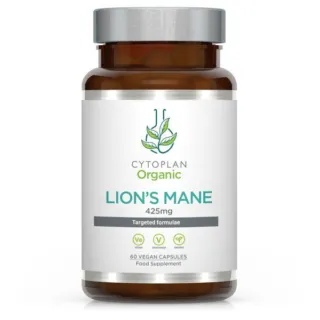 Cytoplan Organic Lion's Mane 425mg, 60 vegan capsules, food supplement bottle.