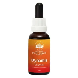 Brown bottle with dropper, labelled "Dynamis Essence, Australian Bush Flower Essences, 30mL".
