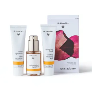 Dr. Hauschka Rose Day Cream, Facial Toner, Soothing Cleansing Milk, and rose radiance box.