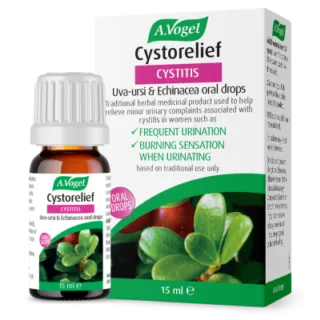 A.Vogel Cystorelief oral drops for cystitis, 15 ml bottle and box with plant image.