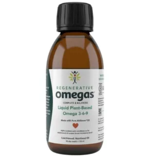 Regenerative Omegas liquid plant-based Omega 3-6-9, 150ml bottle with black cap.