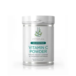 Cytoplan Vitamin C Powder, 75g vegan, soluble as magnesium ascorbate, in a white container.