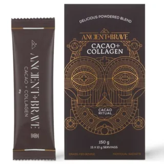 Ancient + Brave Cacao + Collagen sachet and box, 150g, grass-fed bovine.