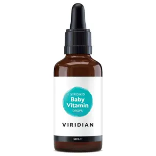 Brown bottle of Viridian Viridikid Baby Vitamin Drops, 50ml, with dropper cap.