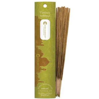 Vetiver incense sticks with green packaging, labelled "Natural Incense".