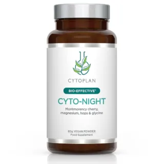 Cyto-Night supplement with Montmorency cherry, magnesium, hops, and glycine, 80g vegan powder.