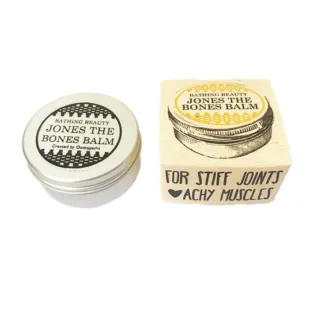 Jones the Bones Balm tin and box for stiff joints and achy muscles.