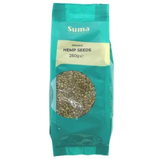 Suma organic hemp seeds, 250g, in a turquoise packet with a clear window.