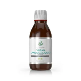 Brown bottle of Cytoplan Vegan Omega 3 Liquid, 150ml, with white label.