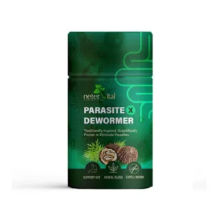 Green bottle of Parasite X Dewormer with herbal blend and gut support icons.