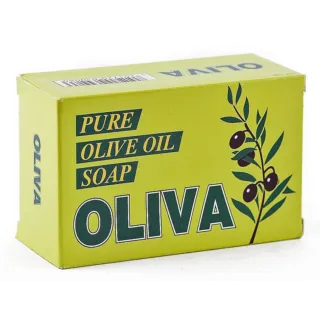 Green box of Oliva pure olive oil soap with olive branch design.