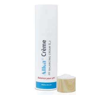 Alka Crème pH Balancing Cream 8.2 with wooden cap, text: "Balance your pH!