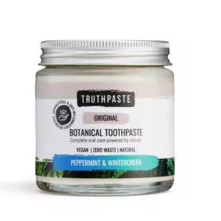 Truthpaste jar with peppermint and wintergreen flavour, vegan and zero waste.