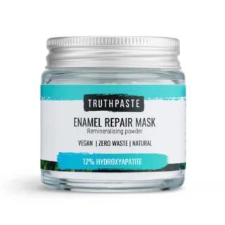 Truthpaste Enamel Repair Mask jar with 12% hydroxyapatite. Vegan, zero waste, natural.