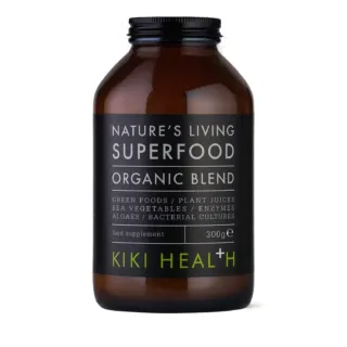 Kiki Health Superfood Organic Blend, 300g brown bottle with black label.