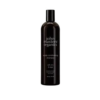 Black bottle of John Masters Organics scalp conditioning shampoo with zinc and sage, 473 ml.