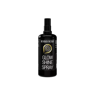 Black bottle labelled "Glow Shine Spray" by The Health Factory.