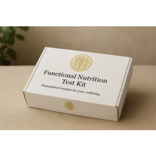 Functional Nutrition Test Kit box on a beige surface with a gold emblem.
