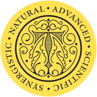 Yellow circular emblem with ornate design. Text: "Natural Advanced Scientific Synergistic".