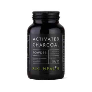Black jar of Kiki Health activated charcoal powder, 70g, made from coconut shells.