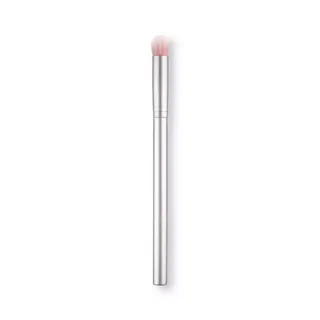 Silver makeup brush with pink bristles on a white background.