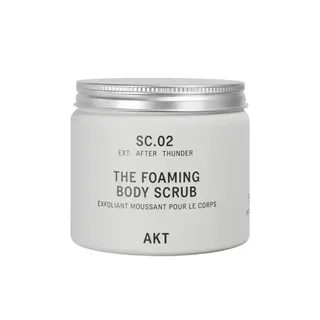 SC.02 Foaming Body Scrub in a white jar with a silver lid.
