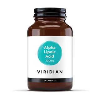 Brown bottle labelled "Alpha Lipoic Acid 200mg" by Viridian, 30 capsules.