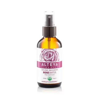 Alteya Organics Rose Water spray bottle with rose illustration and organic certification.