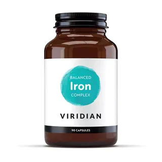 Brown bottle of Viridian Balanced Iron Complex, 90 capsules.