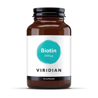 Brown bottle labelled "Biotin 2500µg" by Viridian, 90 capsules.