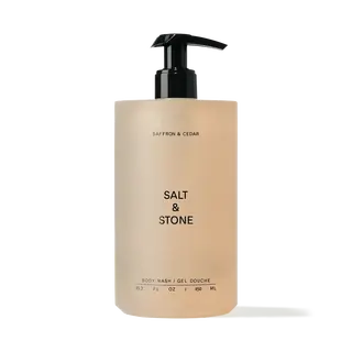Salt & Stone Saffron & Cedar body wash, 450ml pump bottle.