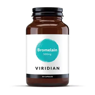 Brown bottle labelled "Bromelain 500mg" by Viridian, contains 30 capsules.