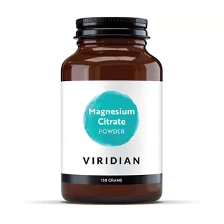Brown jar labelled "Magnesium Citrate Powder" by Viridian, 150 grams.
