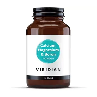 Brown jar labelled "Calcium, Magnesium & Boron Powder" by Viridian, 150 grams.