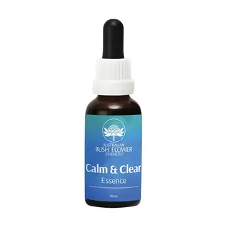Dropper bottle labelled "Calm & Clear Essence", 30ml, by Australian Bush Flower Essences.