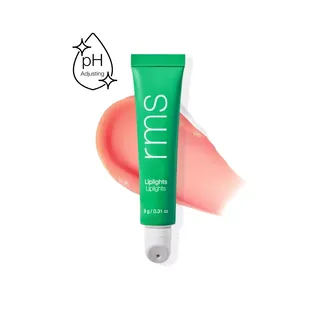 Green tube of rms Liplights, 9g, with pink smear and pH adjusting icon.