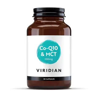 Brown bottle of Viridian Co-Q10 & MCT, 100mg, 30 capsules.