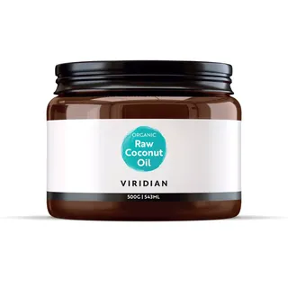 Brown jar of Viridian Organic Raw Coconut Oil, 500g, 543ml.