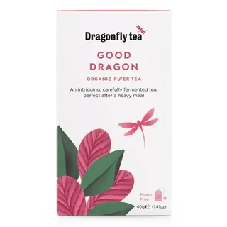 Dragonfly Tea Good Dragon Organic Pu'er Tea, 40g box with pink leaves and dragonfly design.