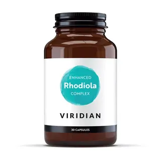 Brown bottle of Viridian Enhanced Rhodiola Complex, 30 capsules.