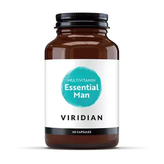 Brown bottle of Viridian Essential Man multivitamins, 60 capsules.